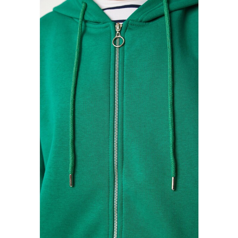 Happiness İstanbul Women's Green Hoodie with Zipper Oversized Sweatshirt