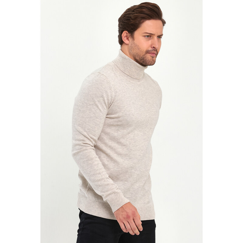 Lafaba Men's Beige Turtleneck Basic Knitwear Sweater