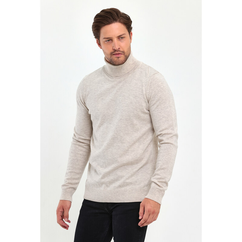 Lafaba Men's Beige Turtleneck Basic Knitwear Sweater