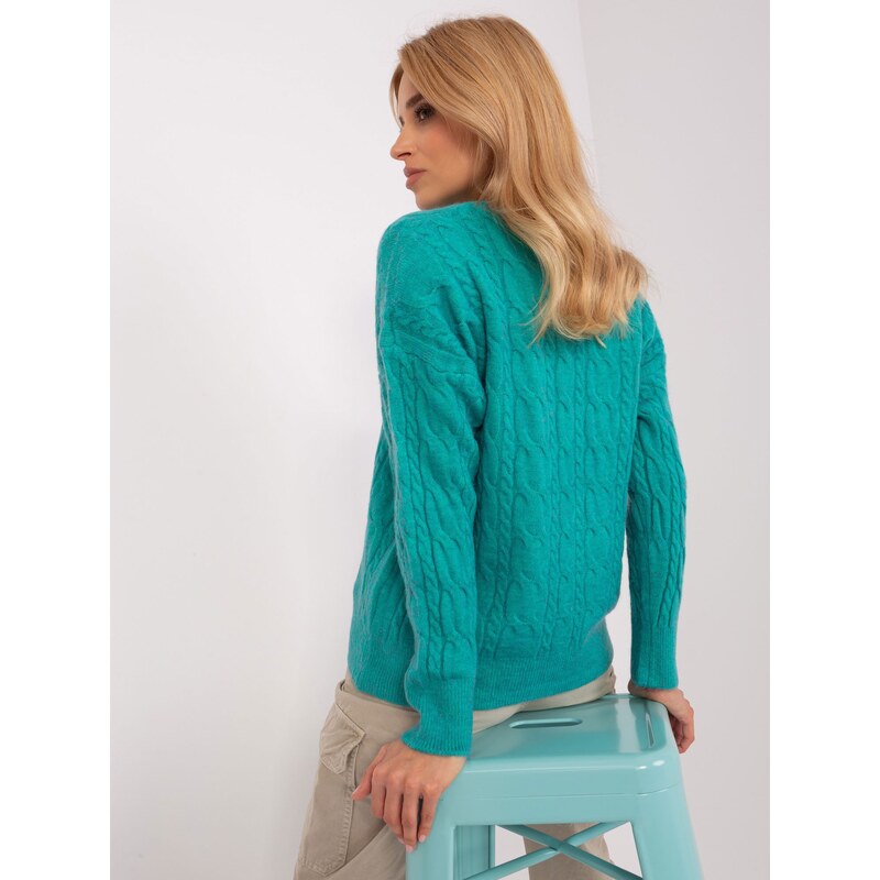 Fashionhunters Tyrkysový svetr s kabely a kulatým výstřihem