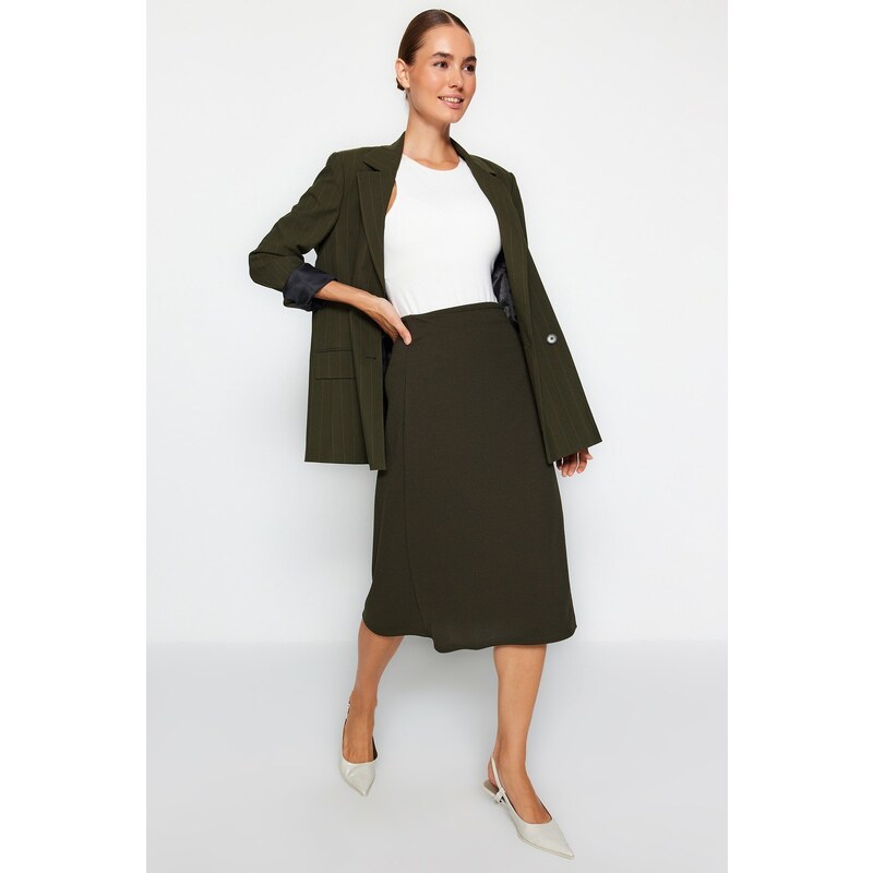 Trendyol Khaki Double Breasted Closed Crepe Midi Knitted Skirt