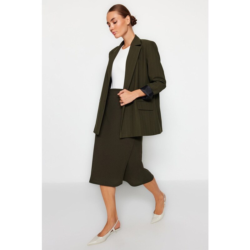 Trendyol Khaki Double Breasted Closed Crepe Midi Knitted Skirt