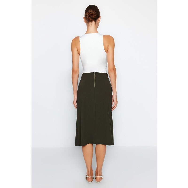 Trendyol Khaki Double Breasted Closed Crepe Midi Knitted Skirt