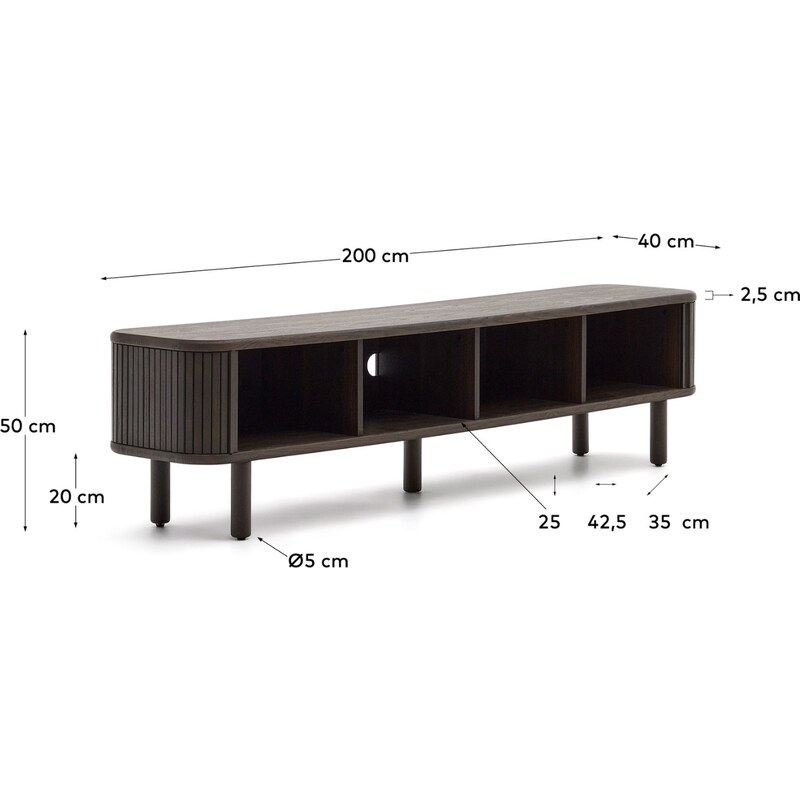 Tmavě hnědý dřevěný TV stolek Kave Home Mailen 200 x 40 cm