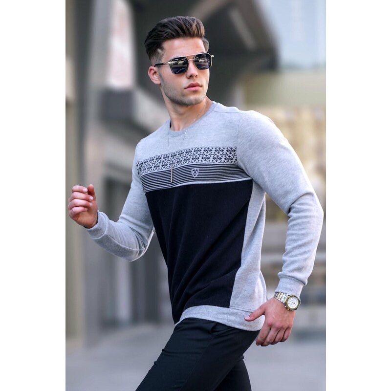 Madmext Graymelange Patterned Crewneck Knitwear Sweater 5964