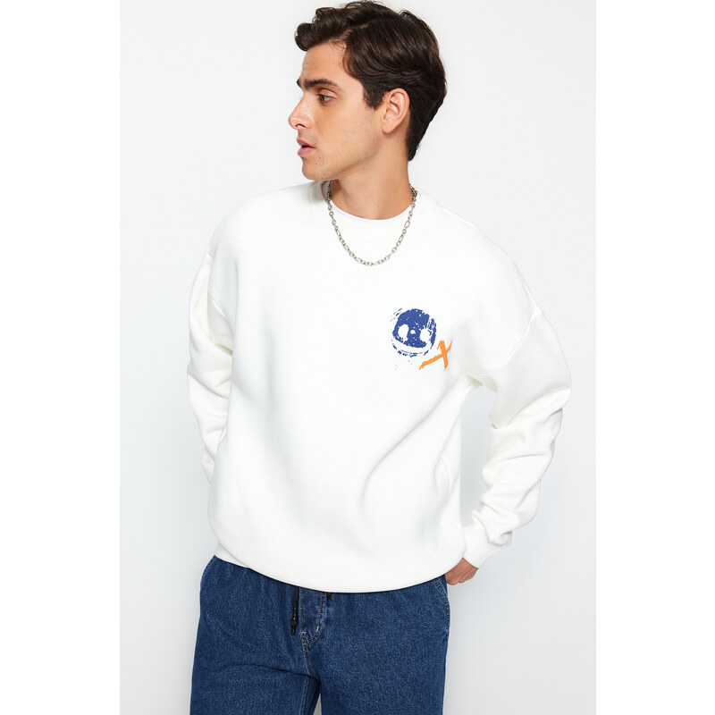 Trendyol Ecru Oversize/Wide-Fit Crew Neck Geometric Back Printed Sweatshirt