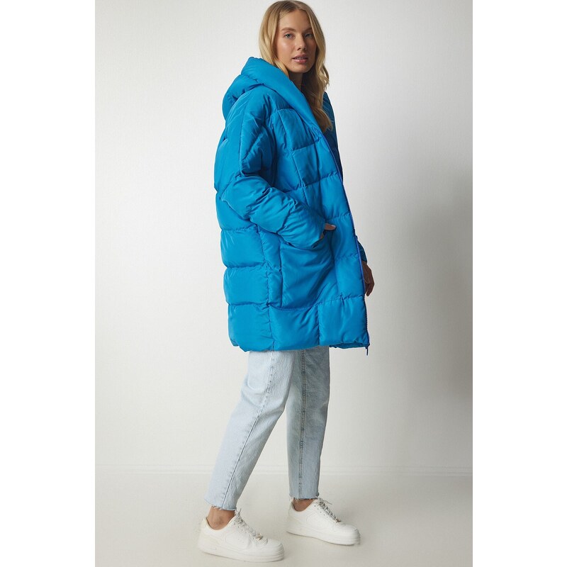 Happiness İstanbul Dámský nebesky modrý oversize péřový kabát s kapucí