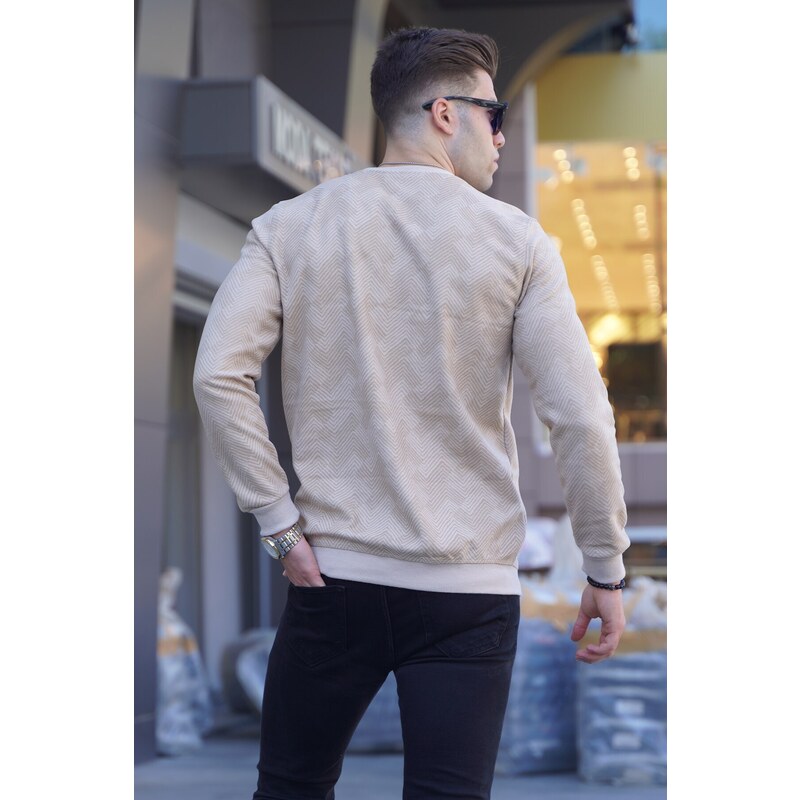 Madmext Beige Patterned Crew Neck Knitwear Sweater 5962