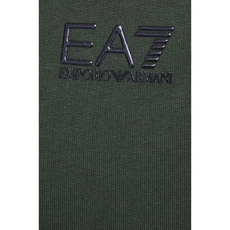 Bavlněná mikina EA7 Emporio Armani pánská, zelená barva, s kapucí, hladká