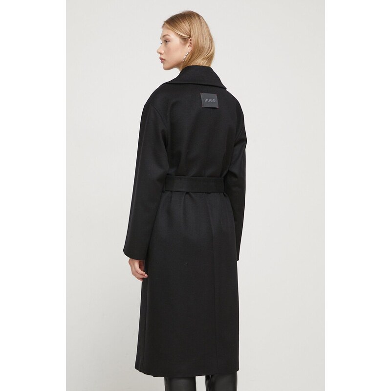 Vlněný kabát HUGO černá barva, přechodný
