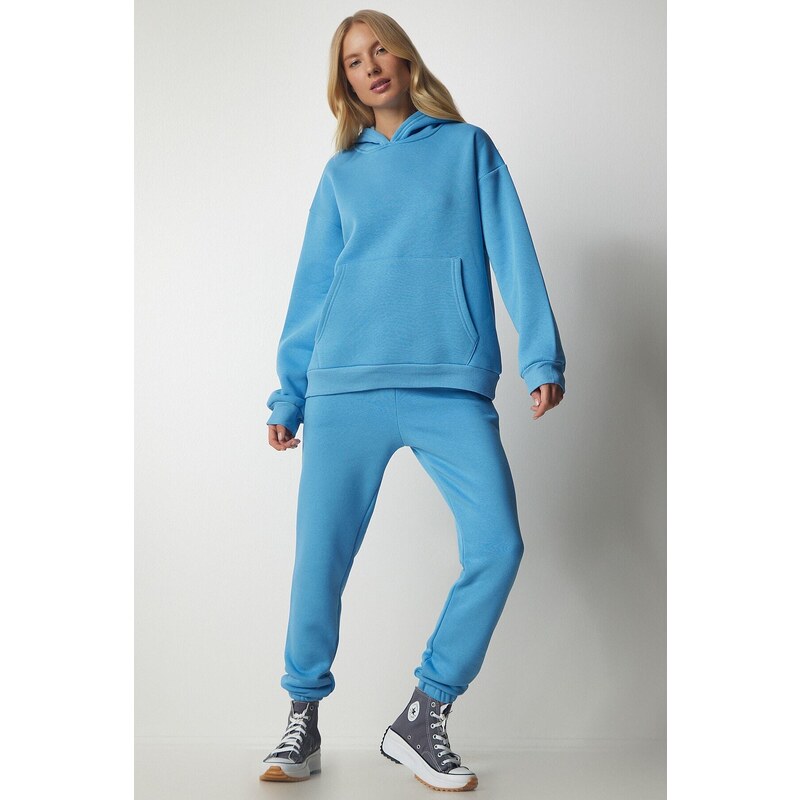 Happiness İstanbul Women's Sky Blue Hooded Raised Tracksuit