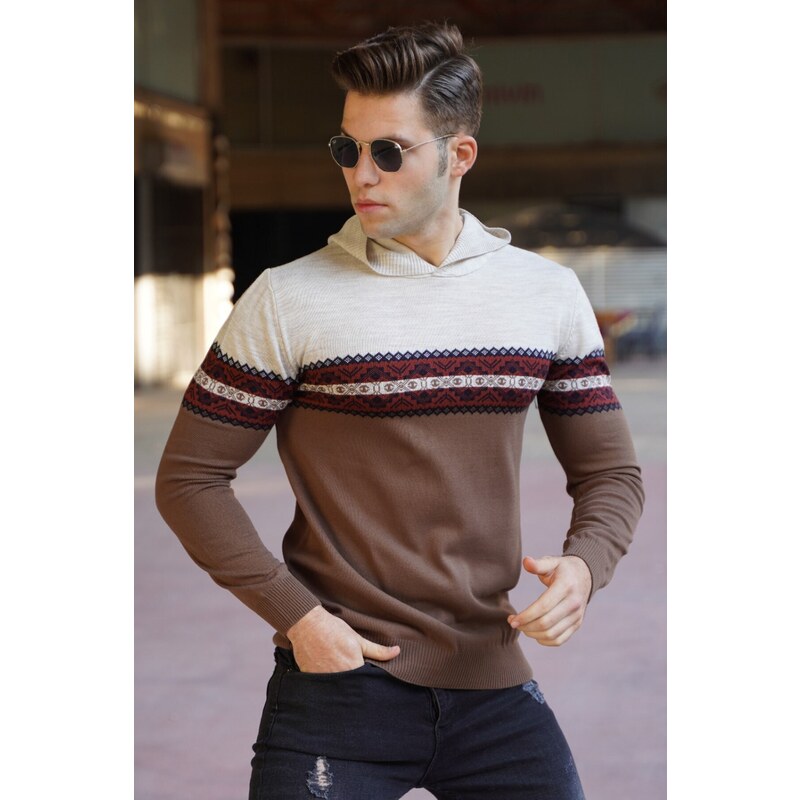 Madmext Men's Beige Hooded Sweater 5624