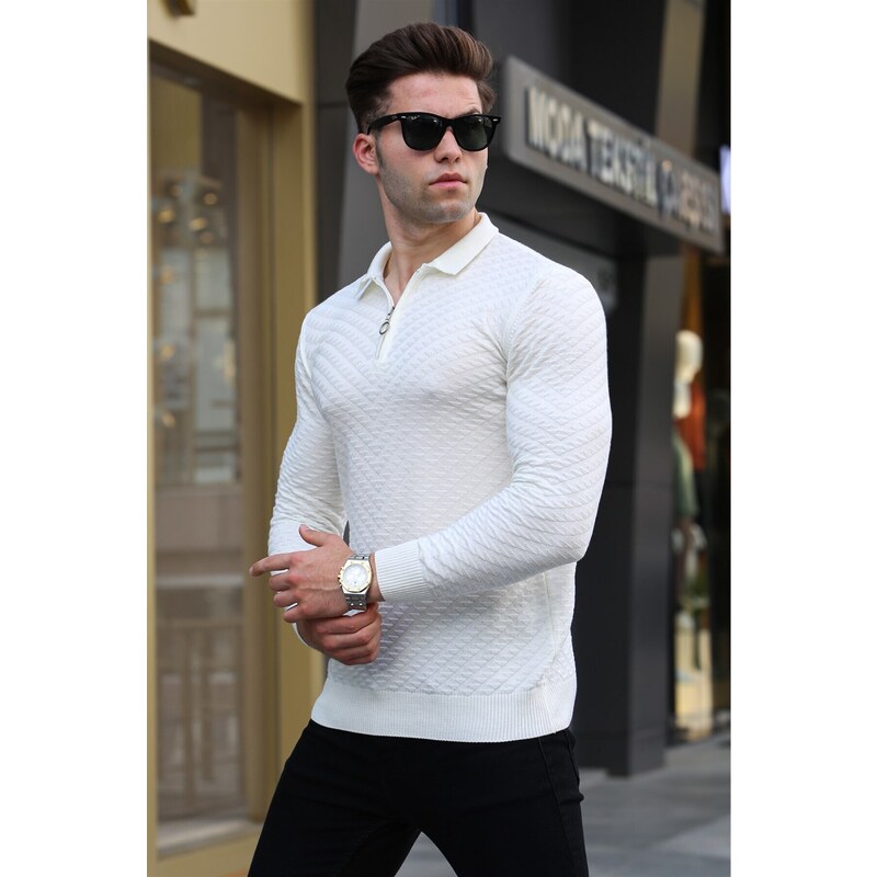 Madmext Ecru Zippered Knitwear Men's Sweater 5605