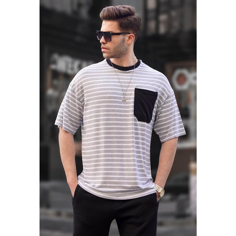 Madmext Men's Gray Striped Basic T-Shirt 6084