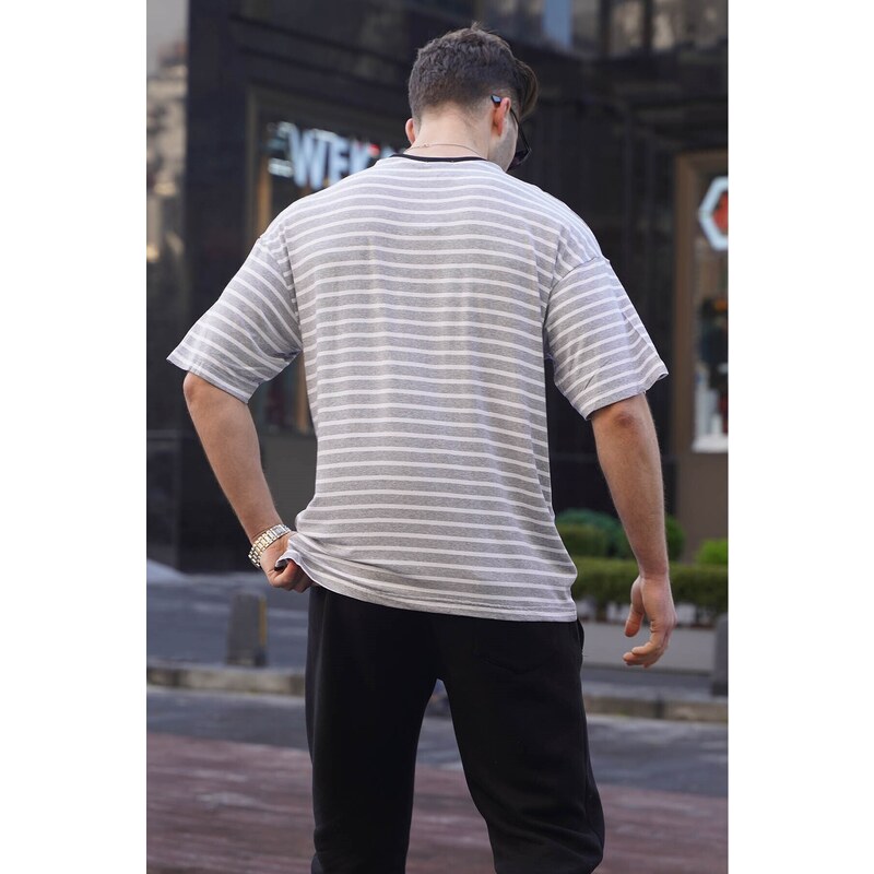 Madmext Men's Gray Striped Basic T-Shirt 6084