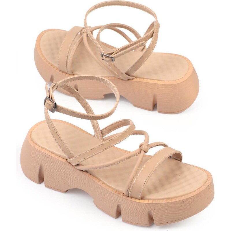 Capone Outfitters Capone Women's Thick soled Beige Sandals with Ankle Strap Comfort Sole