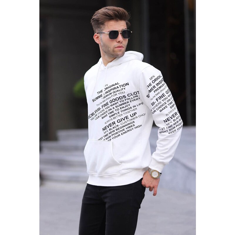 Madmext Ecru Printed Hoodie Sweatshirt 6009