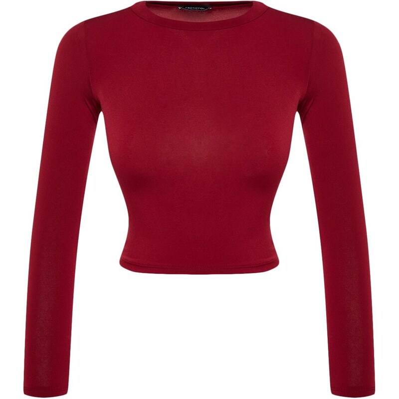 Trendyol Burgundy High Neck Fitted/Simple Long Sleeve Gathered Elastic Knitted Blouse
