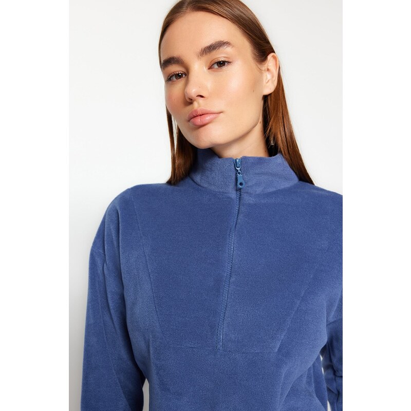 Trendyol Indigo Zipper Detailed Knitted Sweatshirt