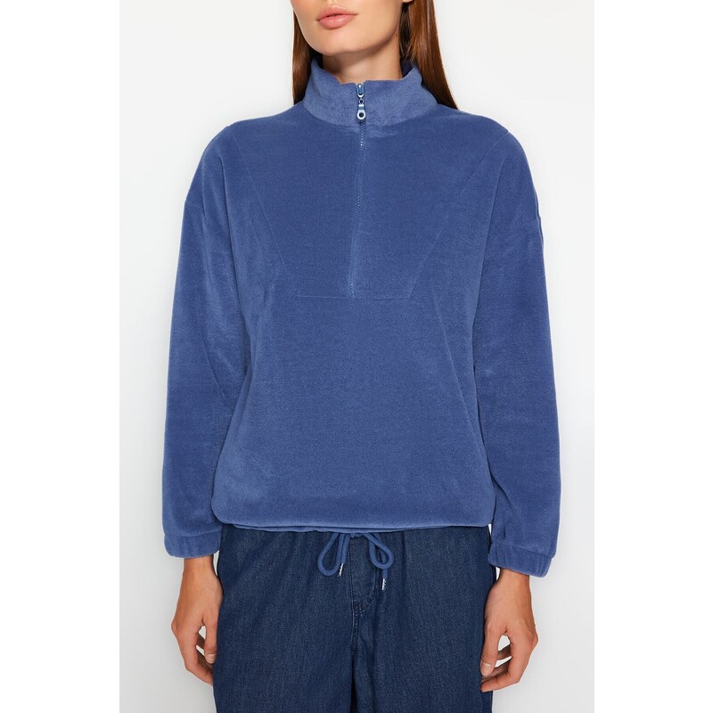 Trendyol Indigo Zipper Detailed Knitted Sweatshirt