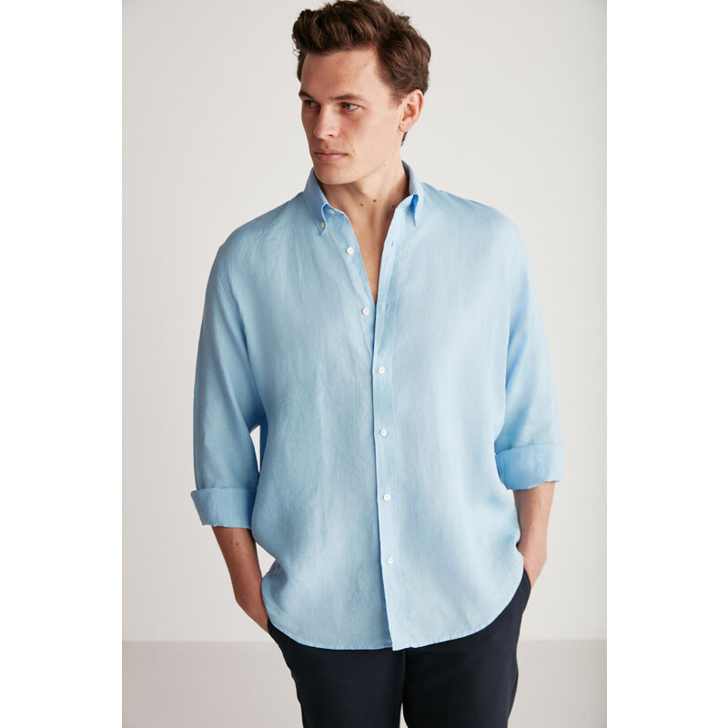 GRIMELANGE Brice Men's 100% Linen Flowy Light Blue Shirt