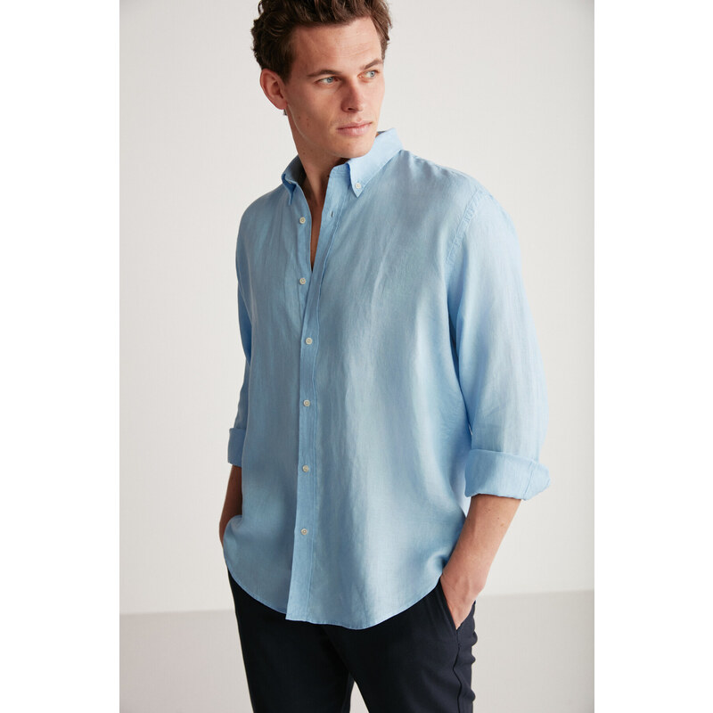 GRIMELANGE Brice Men's 100% Linen Flowy Light Blue Shirt