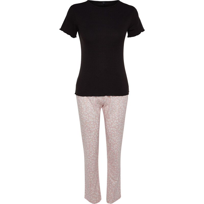 Trendyol Black-Multicolored Floral Tshirt-Pants Knitted Pajamas Set