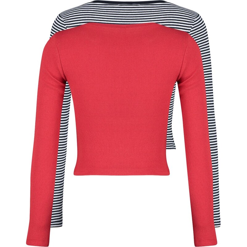 Trendyol Red-Navy Blue Striped 2-Pack Fitted/Sleeved Ribbed Stretch Knit Blouse