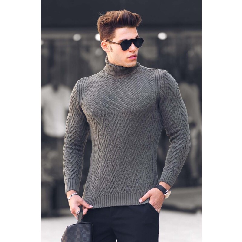 Madmext Khaki Turtleneck Knitted Patterned Sweater 4655