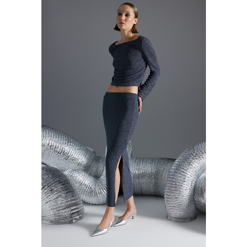 Trendyol Anthracite Shiny Flexible Fabric High Waist Pencil Maxi Knitted Skirt