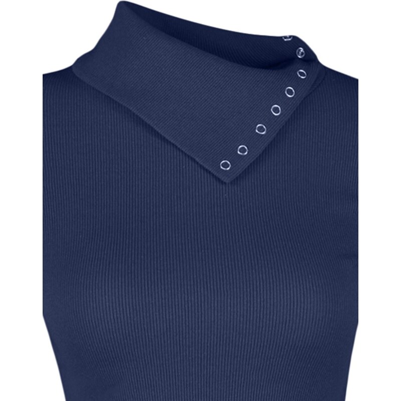 Trendyol Indigo Corduroy Asymmetrical Collar Detail Fitted/Slip-On Knitted Blouse