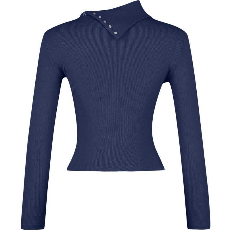 Trendyol Indigo Corduroy Asymmetrical Collar Detail Fitted/Slip-On Knitted Blouse