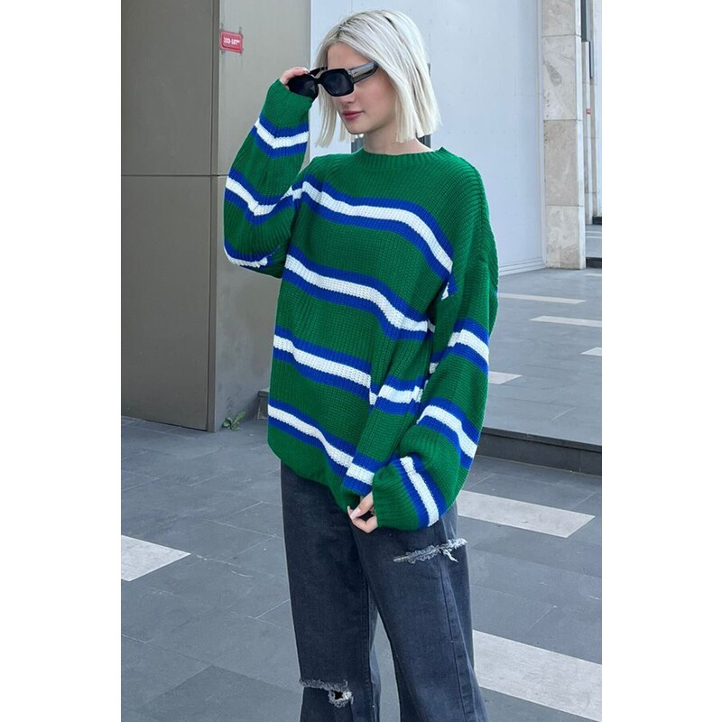 Madmext Green Striped Knitwear Sweater