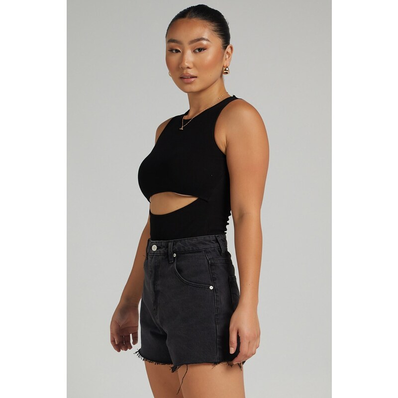 Madmext Black Basic Bodysuit with Torn Detail