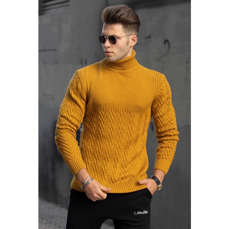 Madmext Mustard Turtleneck Knitted Patterned Sweater 4655