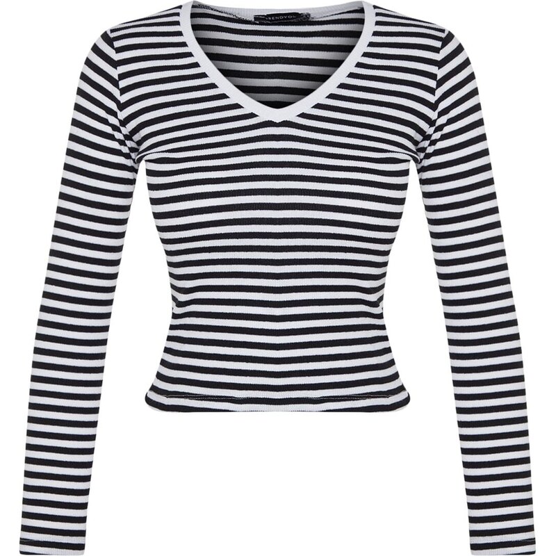 Trendyol Black Striped Ribbed V-Neck Fitted/Simple Long Sleeve Crop Stretch Knitted Blouse