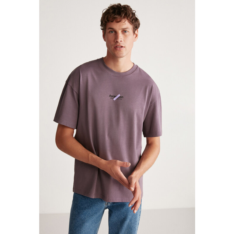 GRIMELANGE Jake Men's Oversize Fit 100% Cotton Thick Textured Printed Purple T-shirt