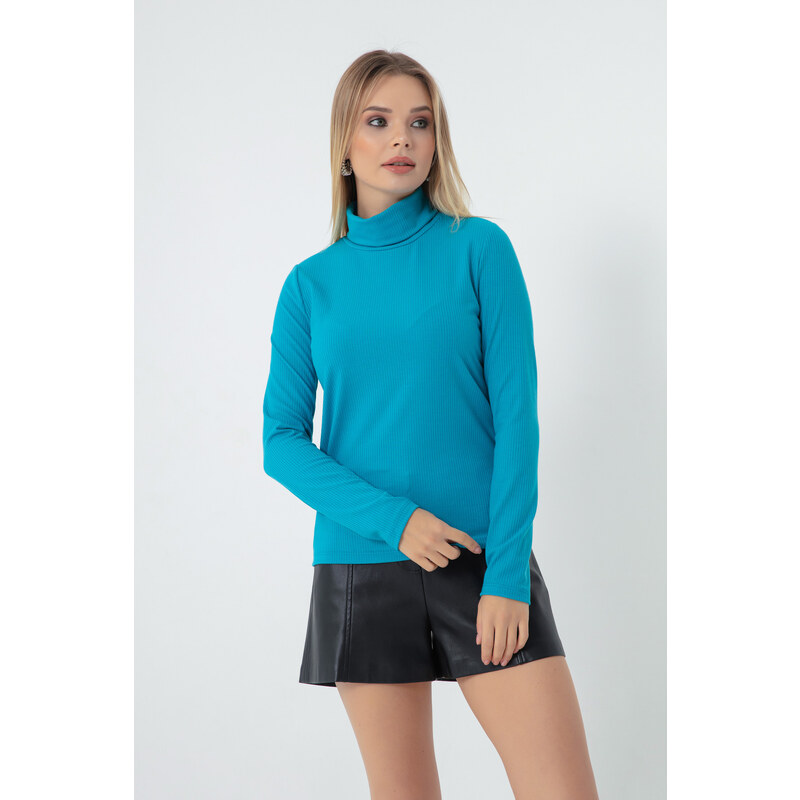 Lafaba Women's Turquoise Turtleneck Knitted Blouse