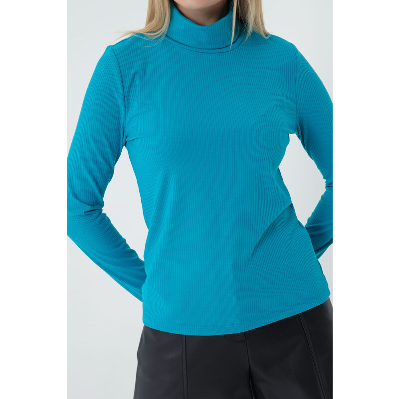 Lafaba Women's Turquoise Turtleneck Knitted Blouse