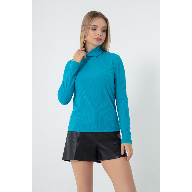 Lafaba Women's Turquoise Turtleneck Knitted Blouse