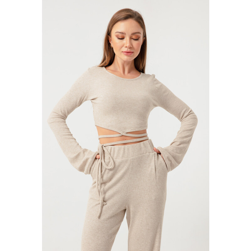 Lafaba Women's Beige Tie Detailed Knitted Crop