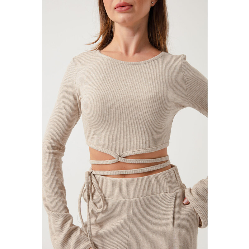 Lafaba Women's Beige Tie Detailed Knitted Crop