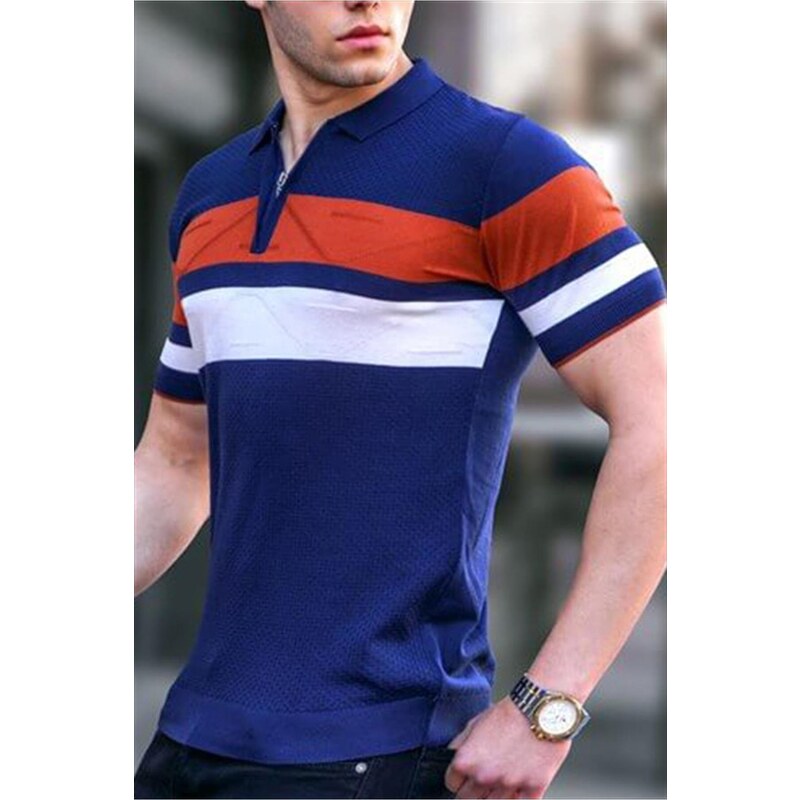 Madmext Men's Navy Blue Polo Neck Zippered T-Shirt 5730