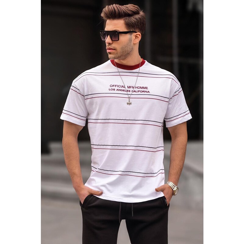 Madmext Crew Neck White Striped Comfortable Fit Men's T-Shirt 6063