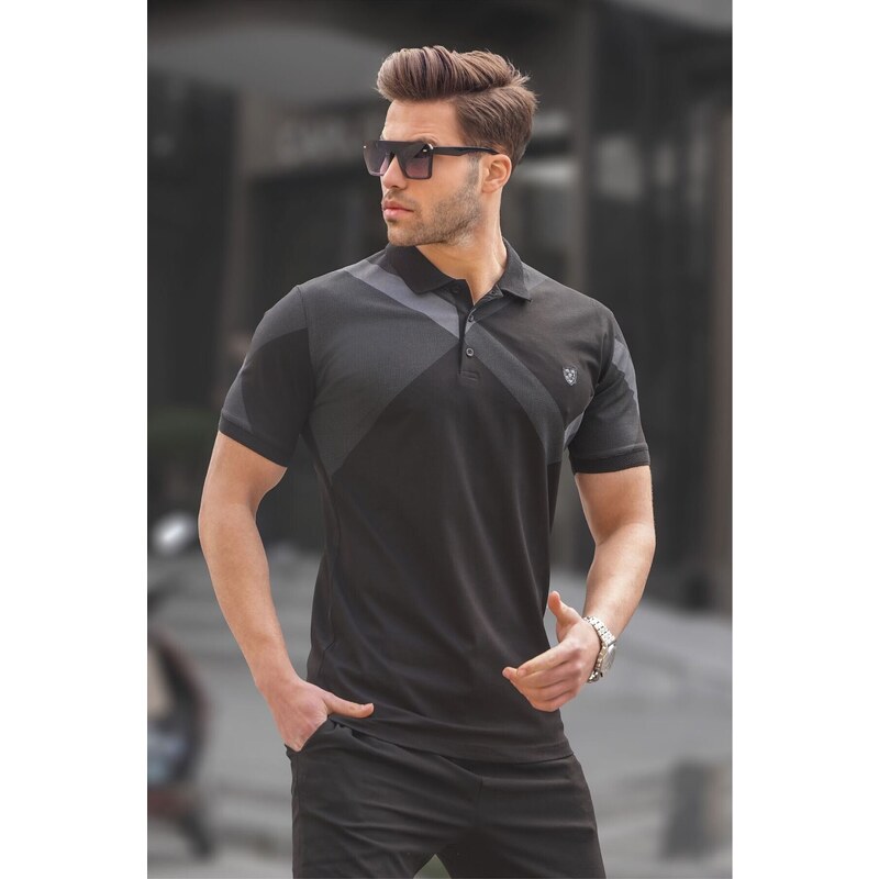 Madmext Black Patterned Polo Neck Men's T-Shirt 6081