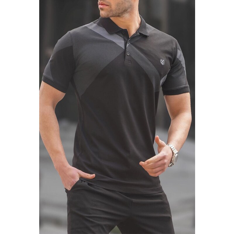 Madmext Black Patterned Polo Neck Men's T-Shirt 6081