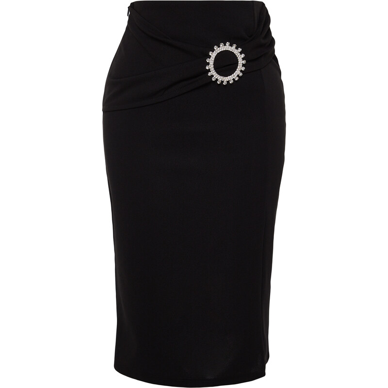 Trendyol Black Crepe Midi Knitted Skirt With Buckle