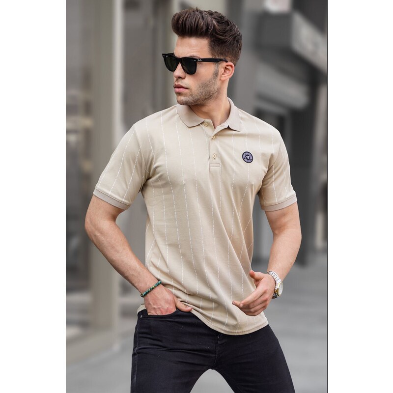 Madmext Beige Buttoned Striped Polo Neck T-Shirt 5879