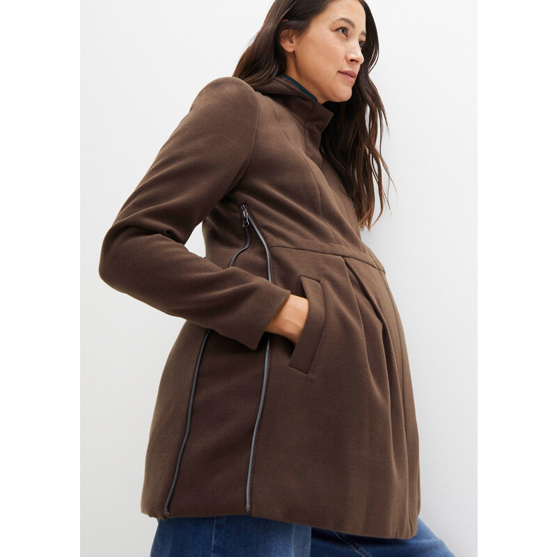 bonprix Těhotenský kabát s kapucí a možností nastavení šířky Hnědá