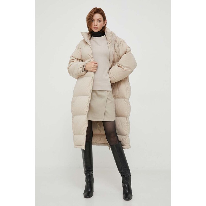 Péřová bunda Calvin Klein dámská, béžová barva, zimní, oversize